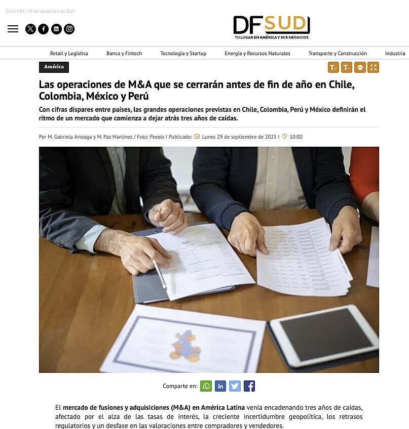 Las operaciones de M&A que se cerrarn antes de fin de ao en Chile, Colombia, Mxico y Per